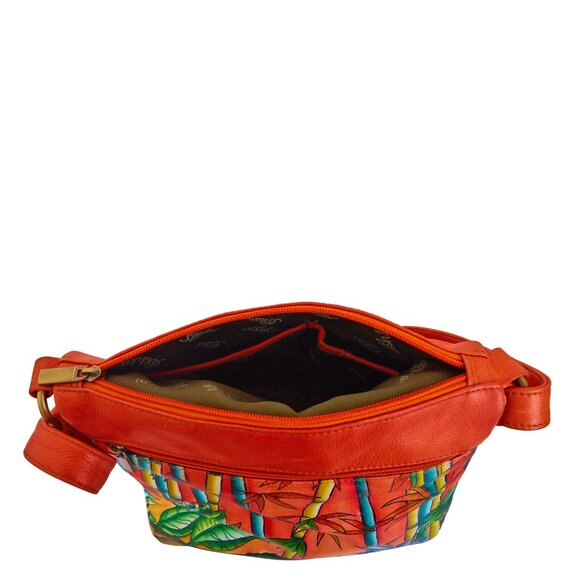 Hand-Painted Leather Women Orange Multi-Compartment Crossbody Sling Bag - Picture 6 of 8